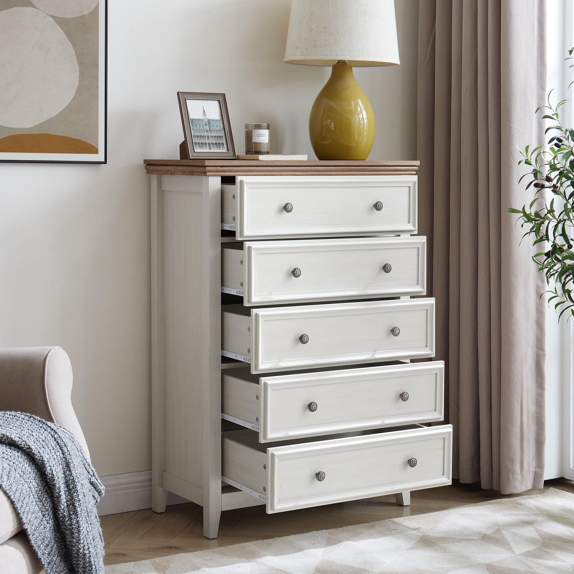 Leumius 5-Drawers Dresser,Farmhouse Tall Chest of Drawers Closet Organizers and Storage for Living Room,Bedroom,Beige