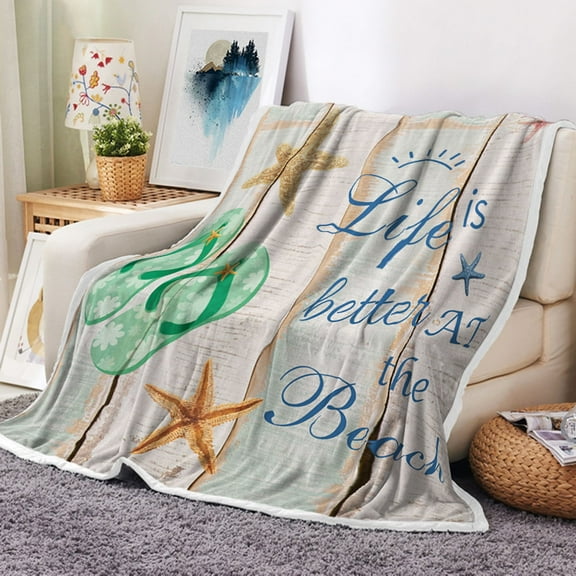 Beach Throw Blanket, Starfish Flip Flops and Life is Better at The Beach Word on Rustic Wooden Board Fleece Blanket, Summer Coastal Farmhouse Soft Plush Blanket, 50X60IN