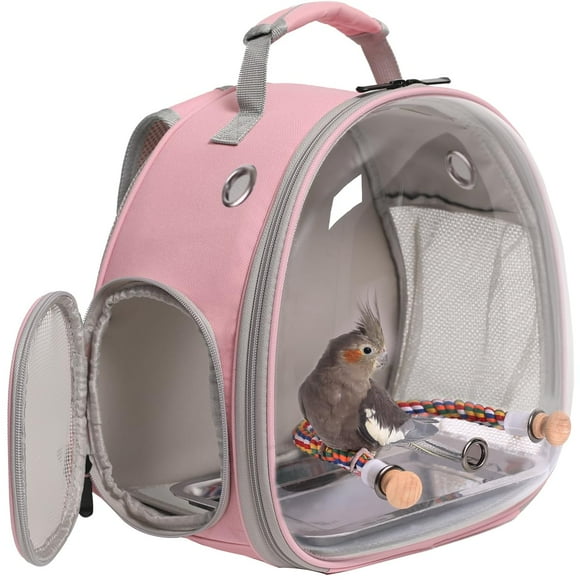 Small Bird Travel Backpack Carrier Cage, Backpack to Transport Backpack Carrier with Metal Tray Stand Perch for Parakeet Cockatiel Budgies Vet C