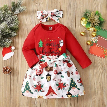 

Augper Baby Girl Clothes Long Sleeve Fall Winter Clearance Autumn Winter Baby Girls Christmas Pattern Printed Long Sleeve Romper Skirt Set Red