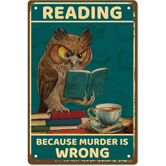 1pc Owl Metal Tin Sign Reading Because Murder is Wrong Metal Poster Vintage Retro Art Mural Hanging Iron Painting Plaque Funny Animals for Home Kitchen Bathroom Wall Art Decor 8 x 12 Inch