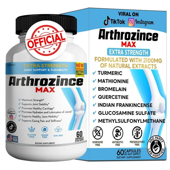 Arthrozince Max Extra Strength Joint Support Capsules, Glucosamine, Chondroitin  MSM Boswellia & Turmeric, 60 Ct
