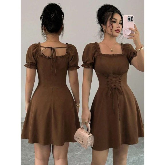 Coffee Brown Square Neck Puff Sleeve Mini Dress With Corset Waist Tie And Flared Hem