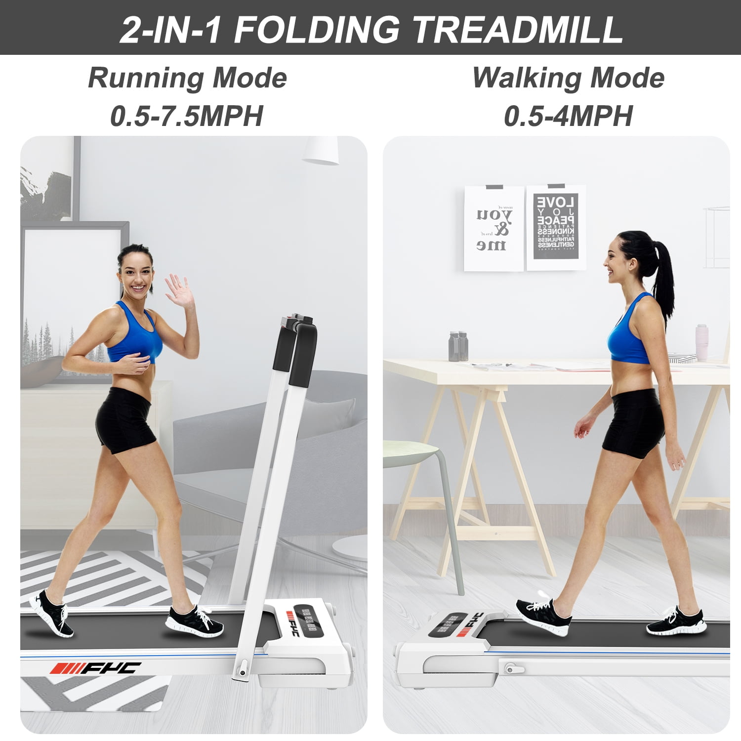FYC 2.5HP Under Desk 2 in 1 Folding Treadmill for Home Office, Foldable Compact Electric Walking Running Machine w/ Remote Control & LED Display, Walking Running Jogging (White)