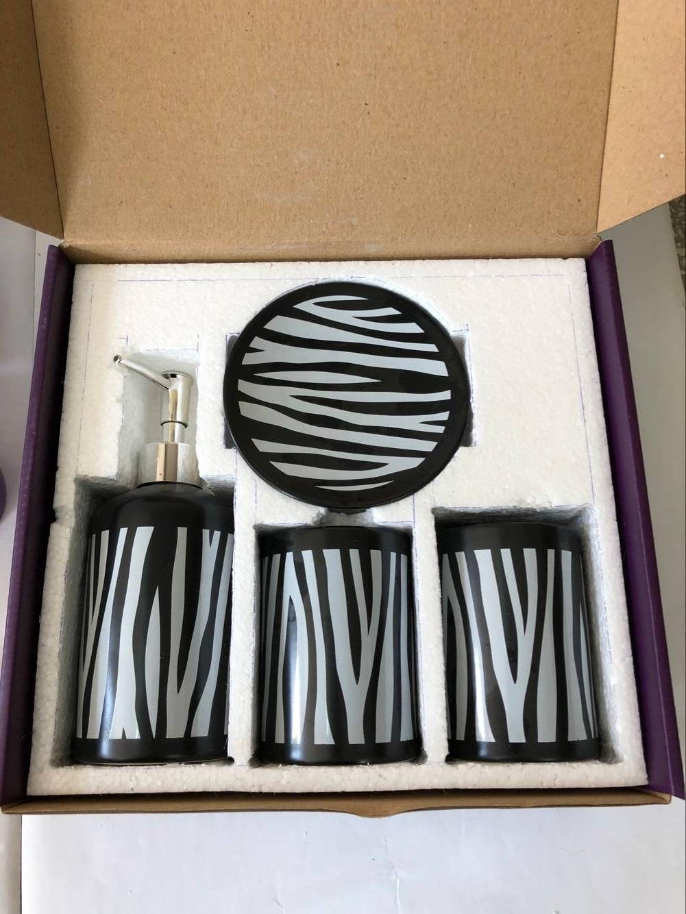 WPM 4 Piece Ceramic Bath Accessory Set Black White Zebra Animal Print Bathroom Soap or Lotion Dispenser w/ Toothbrush Holder, Tumbler, Soap Dish
