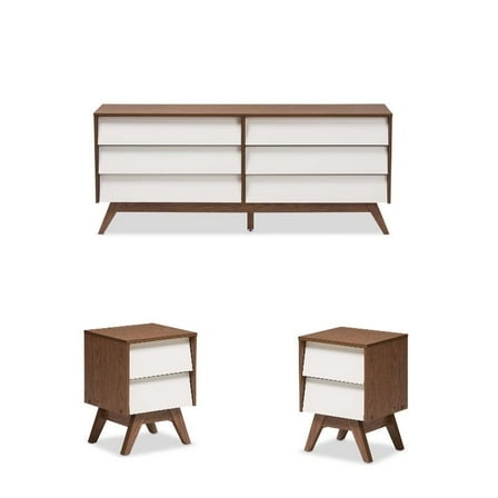 Home Square 3 Piece Set - 6 Drawer Chest with 2 Nightstands in White and Walnut