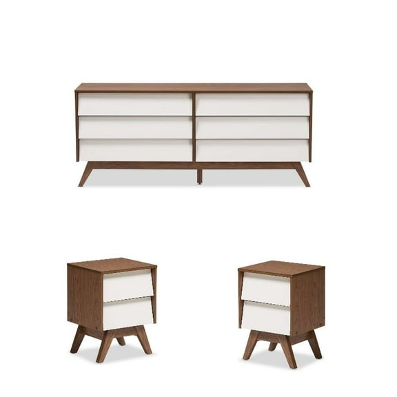 Home Square 3 Piece Set - 6 Drawer Chest with 2 Nightstands in White and Walnut