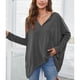 thumbnail image 2 of Camiseta holgada con cuello en V y mangas largas de murciélago para mujer, jersey informal con estampado liso, camisa gris oscuro XL, 2 of 6