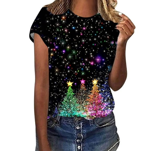 Women's Christmas Sweatshirts Christmas Meteor Graphic Tee Shirts Relaxed Fit Tops Short Sleeve Pullover Sweater Blouse Trendy 2025 Summer Blouses