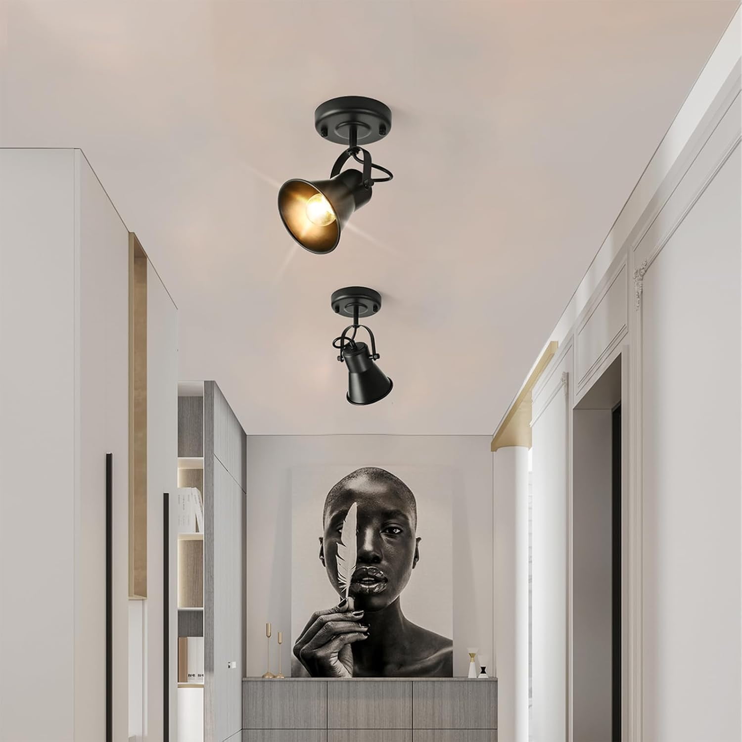 KEESFU 2-Pack Industrial Mini Track Lighting, Black Ceiling Spotlight with 350° Rotatable Head, Modern Adjustable Ceiling Mount Fixture for Bedroom Living Room Hallway