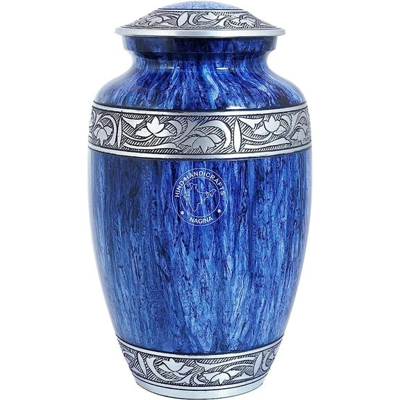 Floral Silver Engraved Cremation Urn for Human Ashes Adult Funeral Urn Handcrafted - Large Burial Urn for Human Ashes - 7.5" x 7.5" x 9.5"- 200lbs or 91kg - Bag Included (Sky Blue)