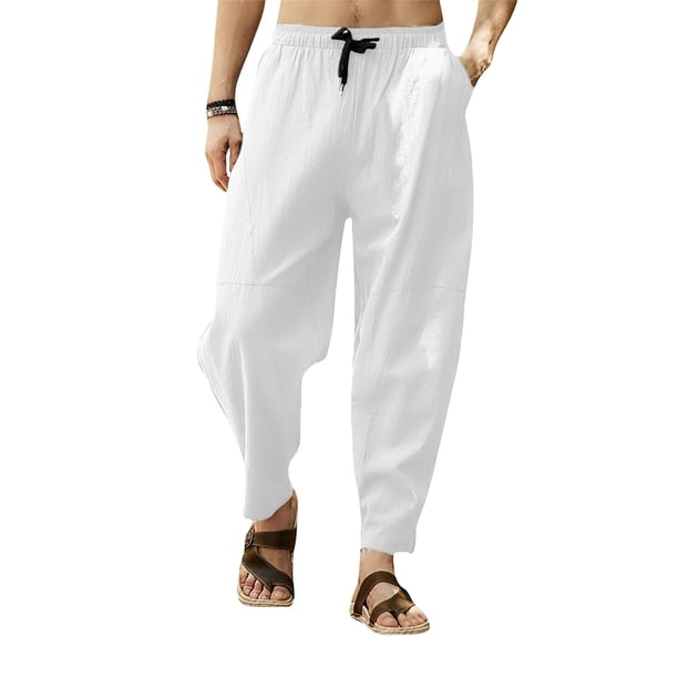 Pantalones largos casuales para hombre, pantalones cortos de lino de color liso con cordón ajustable, leggings largos estilo hip hop con farol, pantalones para hombre