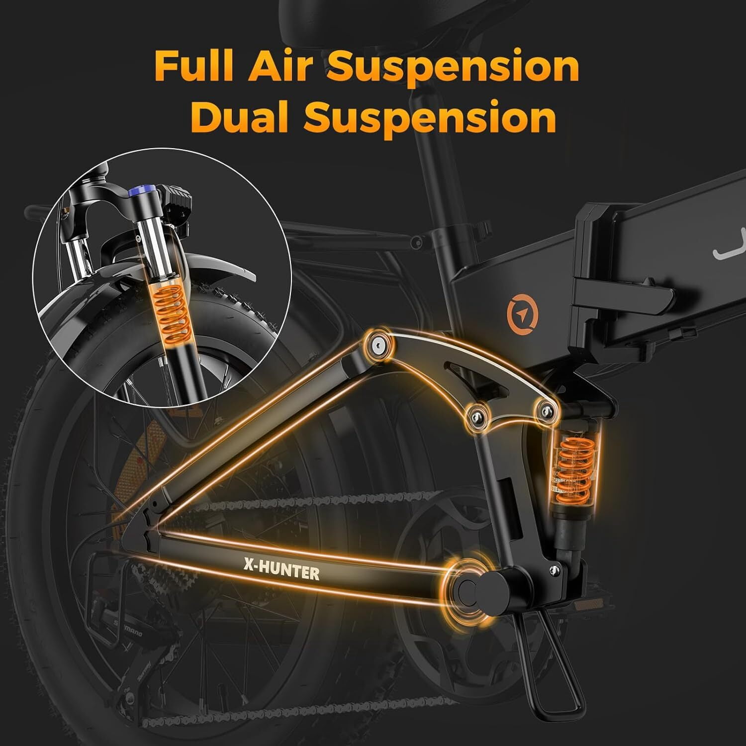 Jasion X-Hunter Electric Bike for Adults, 750W Motor Electric Bicycle with 48V 13AH Removable Battery, 20" x4.0 Fat Tire Folding Ebike, Full Suspension, 7-Speed Bicycles
