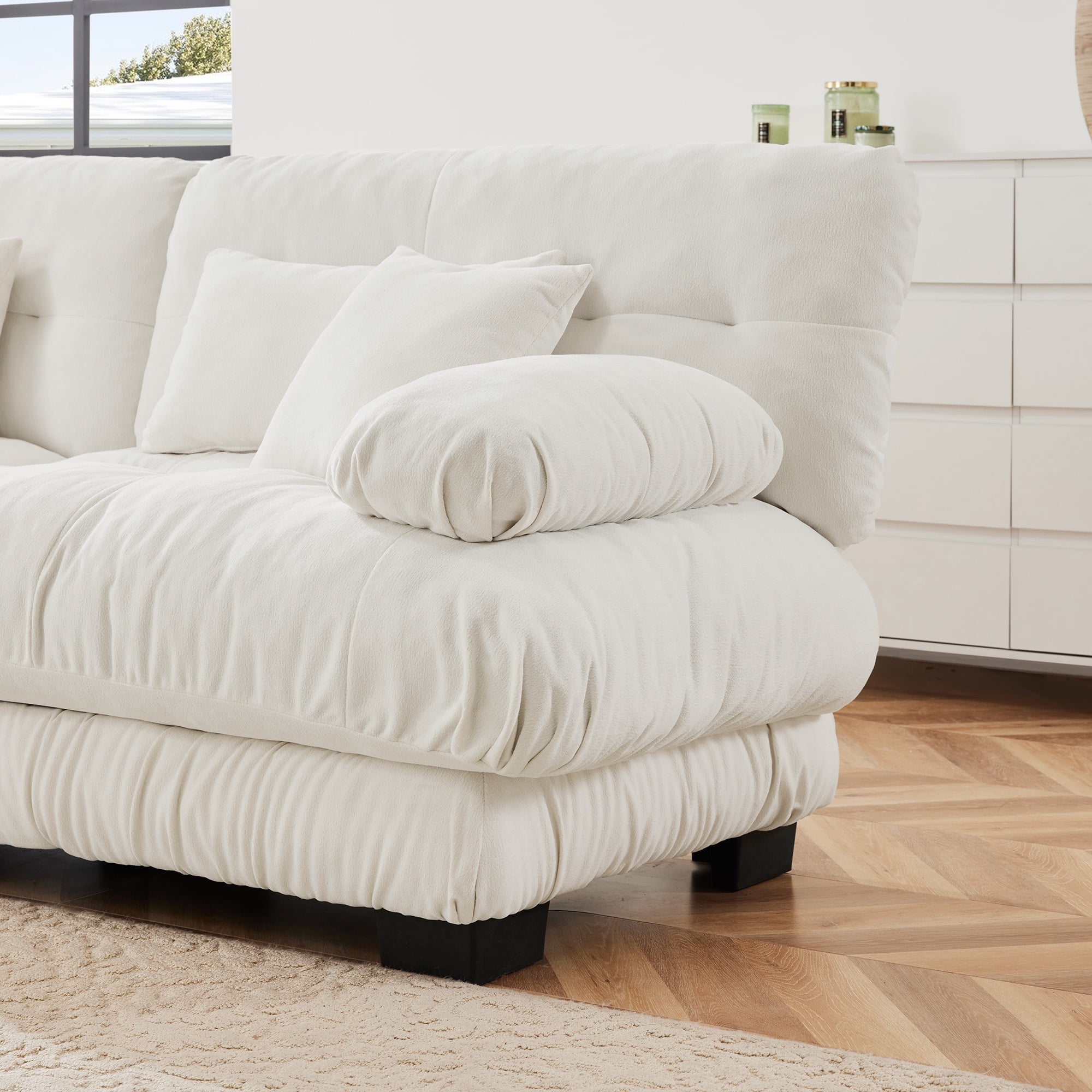 MAYEERTY 99.4in Cloud Sectional Sofa Couch for Living Room, Chenille 2 Seater Sofa with 2 Lumbar Pillows, 2 Throw Pillows and Convertible Ottoman, White
