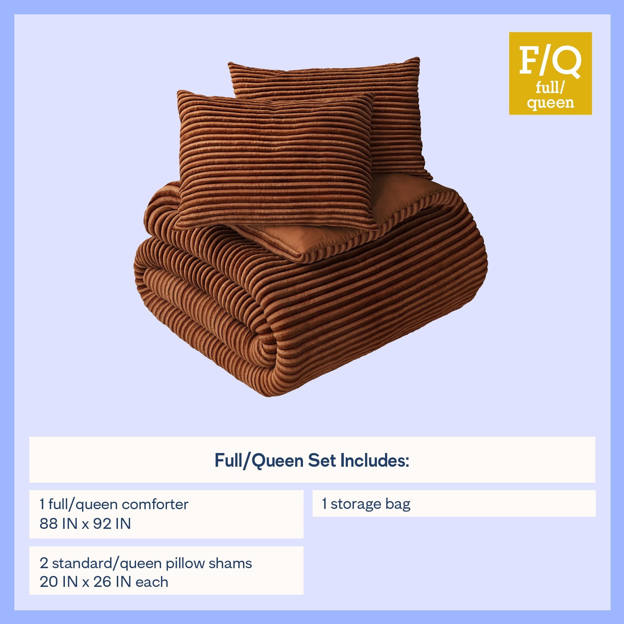 Mainstays Kids Orange Solid Plush Ribbed Corduroy Comforter Set, Full/Queen, 3 Pieces