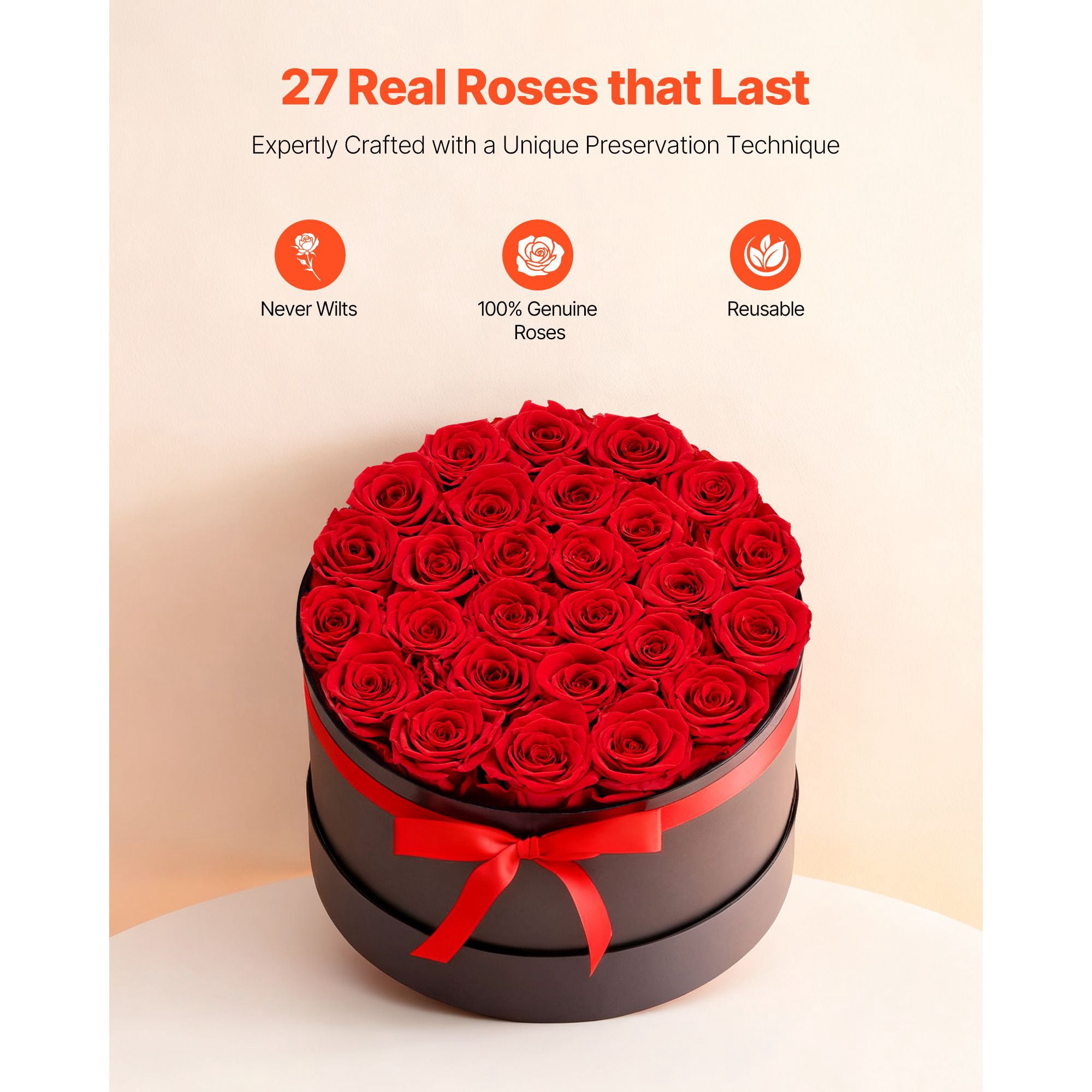 Preserved Roses 27 Real Roses in Round Box, Lasts Up to 3 Years, No Watering Needed, Light Rose Fragrance, Romantic Gift for Valentine's Day Birthday Christmas