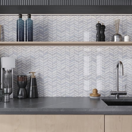 Nubes 12 x 12 in. Polished White, Gray, Thassos, Bianco Carrara, Blue Celeste marble Mosaic Chevron Tile (5 sq ft/case) - 5 Pack