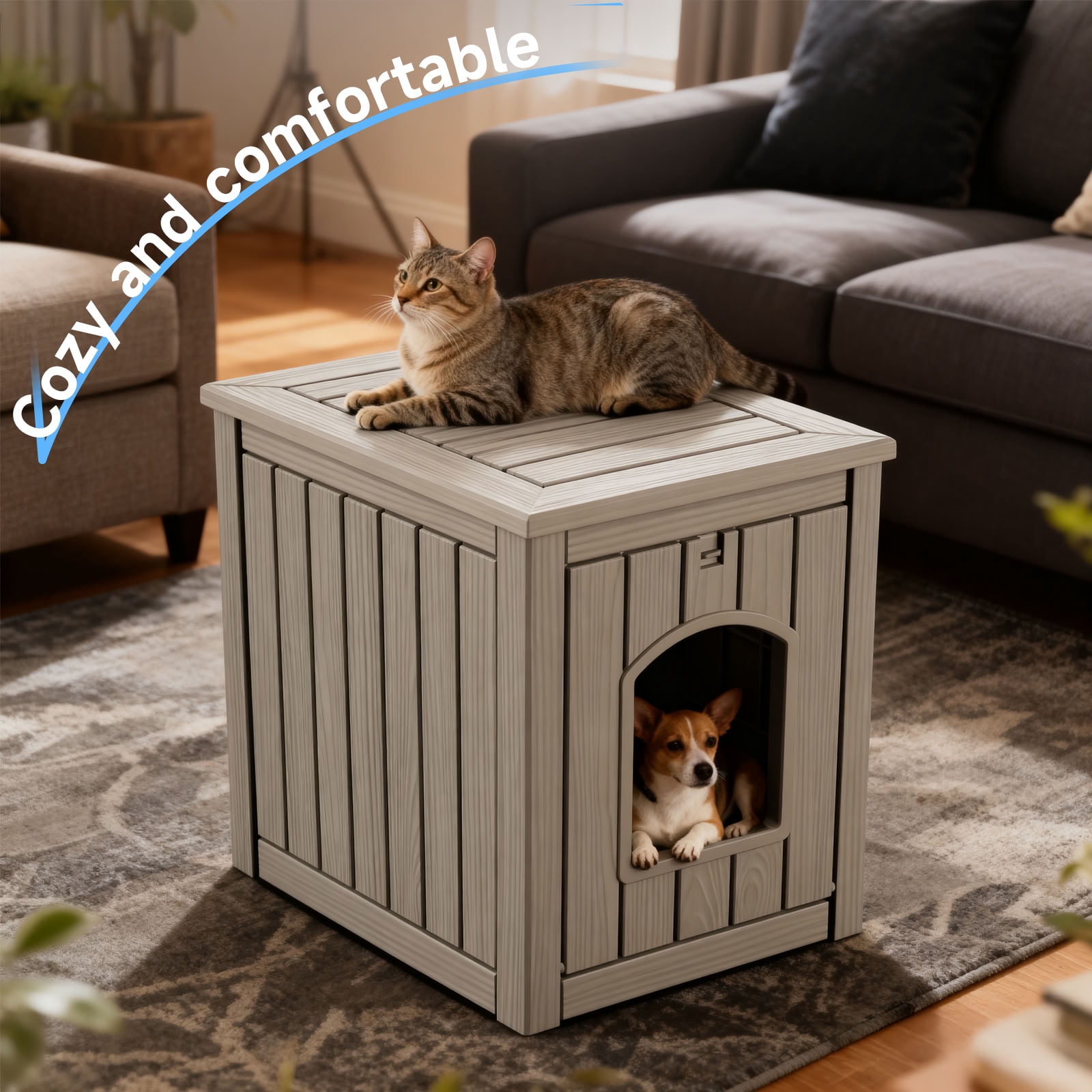 MAYEERTY Dual-Use Indoor Cat House & Litter Box Enclosure, Wood-Textured Litter Hideaway Furniture