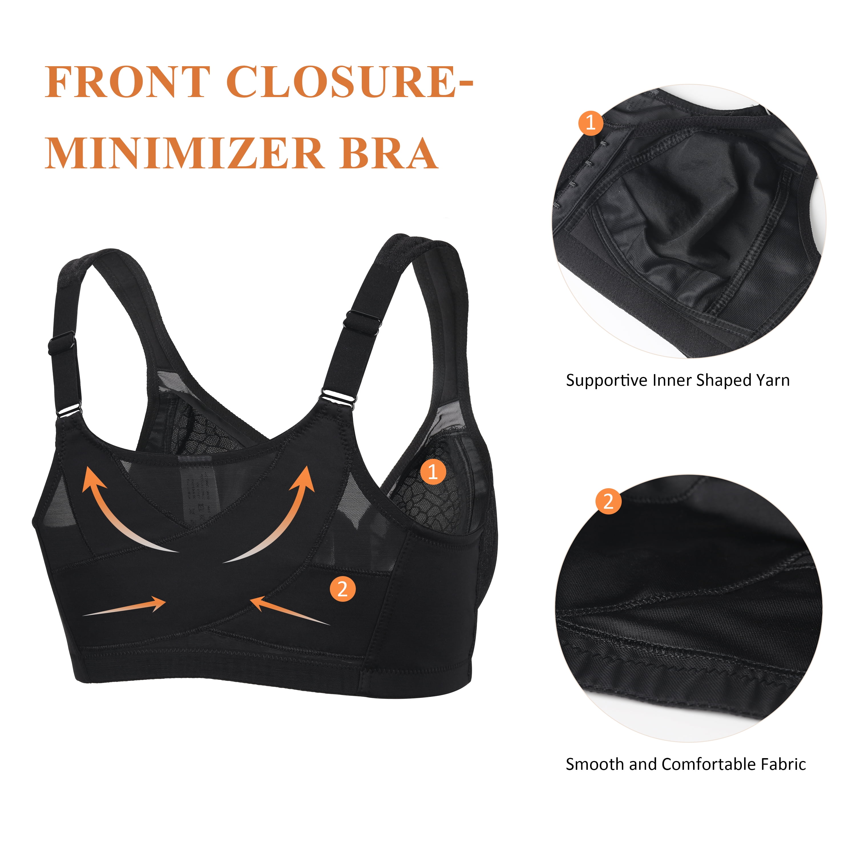 Exerin Women's Front Closure Full Coverage Wirefree Posture Back Plus Size Bra(38DDD, Black)
