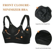 Exerin Women's Front Closure Full Coverage Wirefree Posture Back Plus Size Bra(46C, Black)