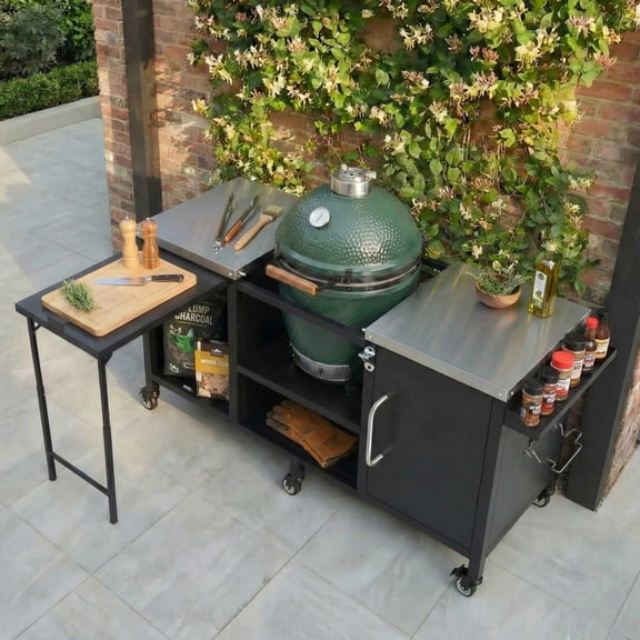 K&K 72.4 Outdoor Grill Table for Large Big Green Egg Metal Grill Cart with Fold Out Prep Table Adjustable Shelves and Spice Rack Black