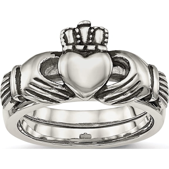 Stainless Steel Antiqued Love, Loyalty, Friendship Claddagh Hinged Ring (Size 6) Made In China sr462-6
