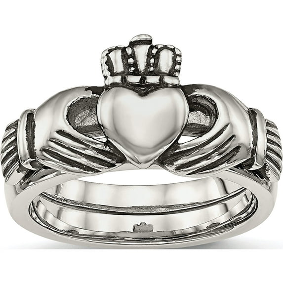 Stainless Steel Antiqued Love, Loyalty, Friendship Claddagh Hinged Ring (Size 8) Made In China sr462-8