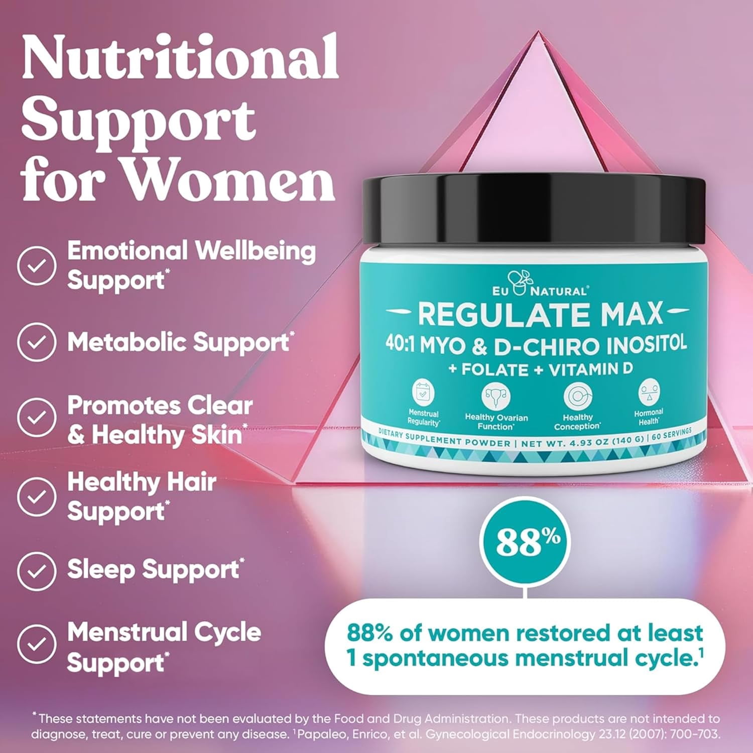 Eu Natural Regulate MAX Myo-Inositol & D-Chiro Inositol Supplement Powder for Women, Hormone Balance & Fertility Support, Unflavored 60 Servings