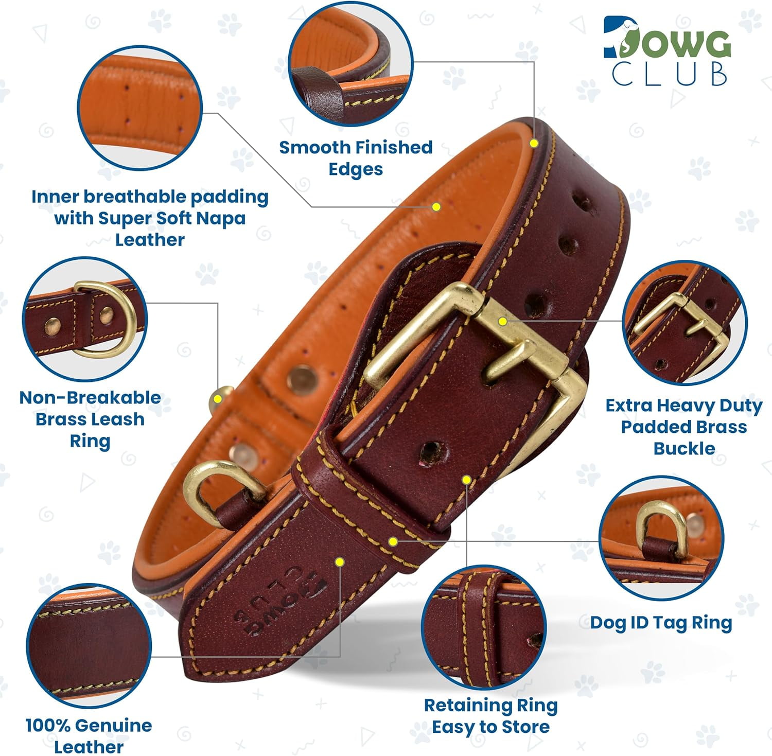 DowgClub Genuine Leather Dog Collar, Padded & Comfortable, Breathable Cushion, Heavy Duty, Handmade, Brown (Large)