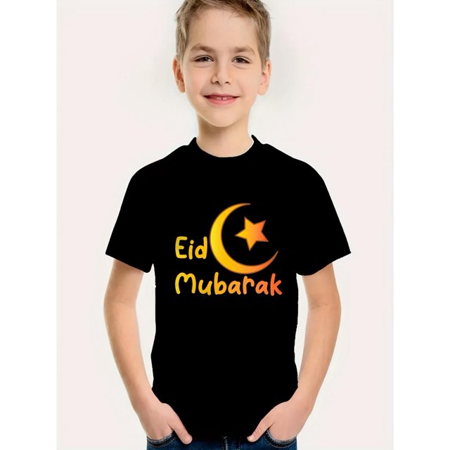 T-Shirt Graphique 3D pour Garçons - Col Rond Noir Décontracté avec Calligraphie Arabe, Design Lune Croissant & Étoile, Coton Léger pour Activités Extérieures d'Été, Cadeau pour Eld, Cadeau pour Ramadan