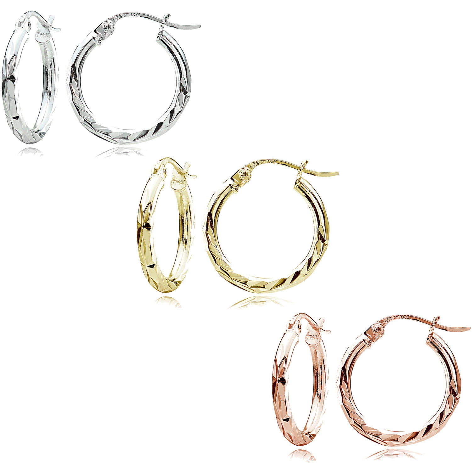 20mm 25mm 30mm Set of 3 Gold on Sterling Silver 2mm Round Hoop Earrings 