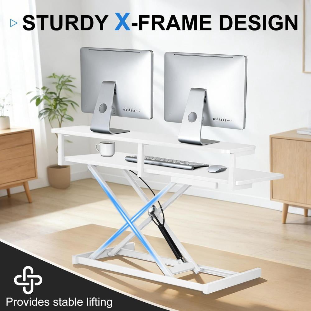 Stable Standing Desk Converter 37" , Height Adjustable Sit Stand Up Desk Riser with Wide Keyboard Tray for Home Office 2 Monitor Laptop Workstation, White