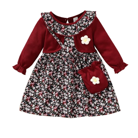 Baby Girls Clothes Toddler Girls Floral Dress 2T Girls Fall Dress 3T Girls Long Sleeve Dress with Cute Bag Red