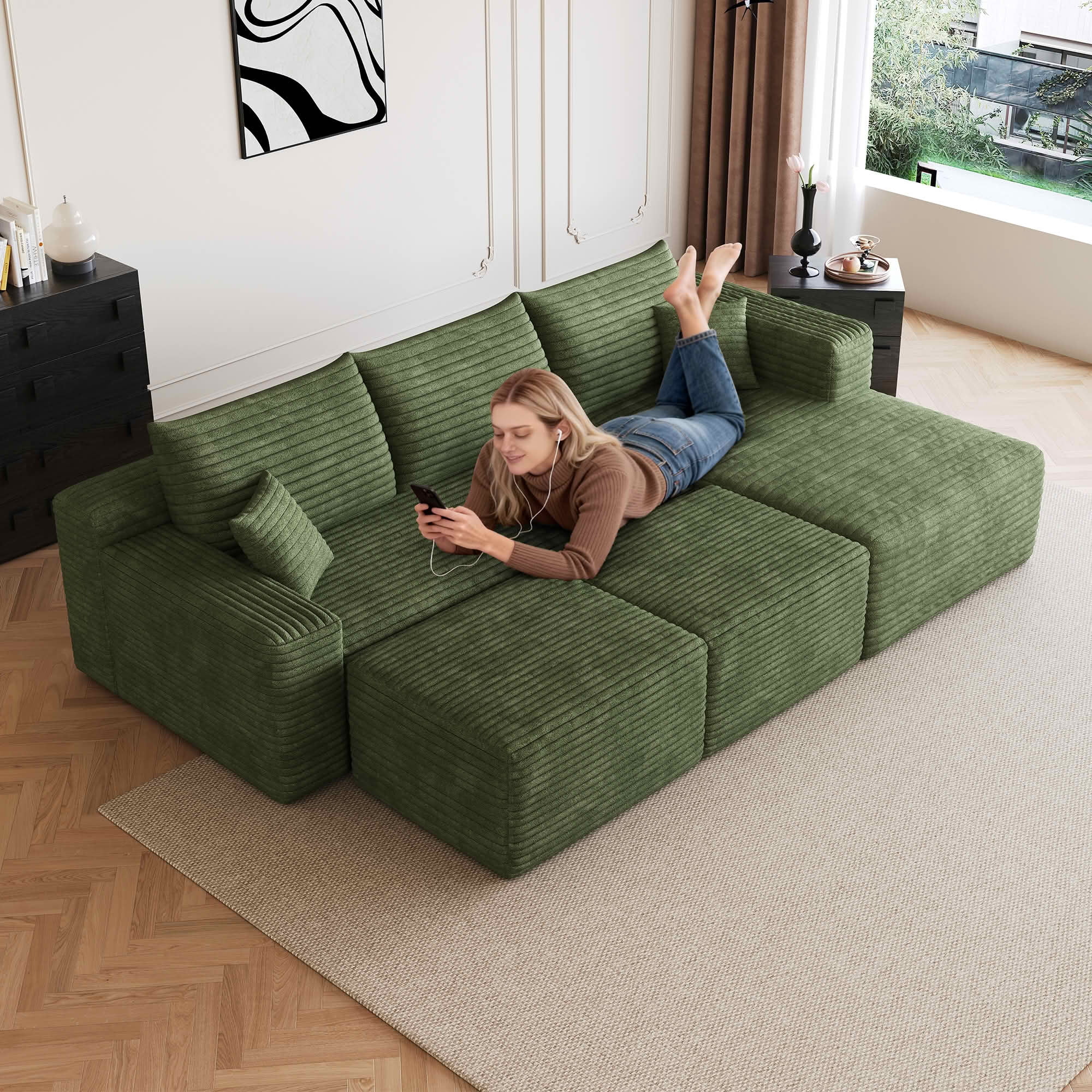 MAYEERTY 95" Cloud Sectional Sofa with 2 Ottomans, U-Shaped Corduroy Deep Seat Couch, No Assembly for Living Room, Green
