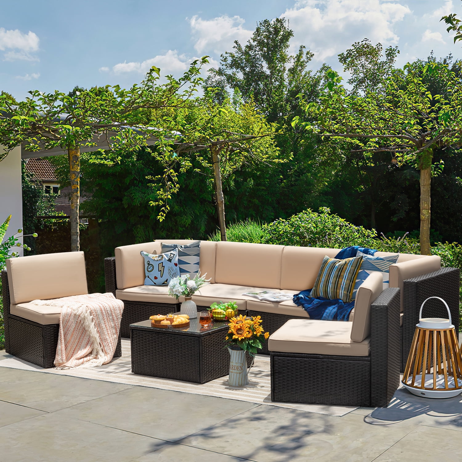 Devoko 7 Pieces Outdoor Sectional Sofa Patio Furniture Sets Manual Weaving Wicker with Cushion and Glass Table, Beige