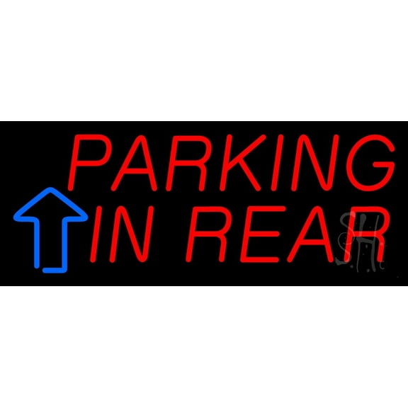 Parking In Rear Block With Arrow LED Neon Sign 13 x 32 - inches, Clear Edge Cut Acrylic Backing, with Dimmer - Bright and Premium built indoor LED Neon Sign for automotive store, and mall.
