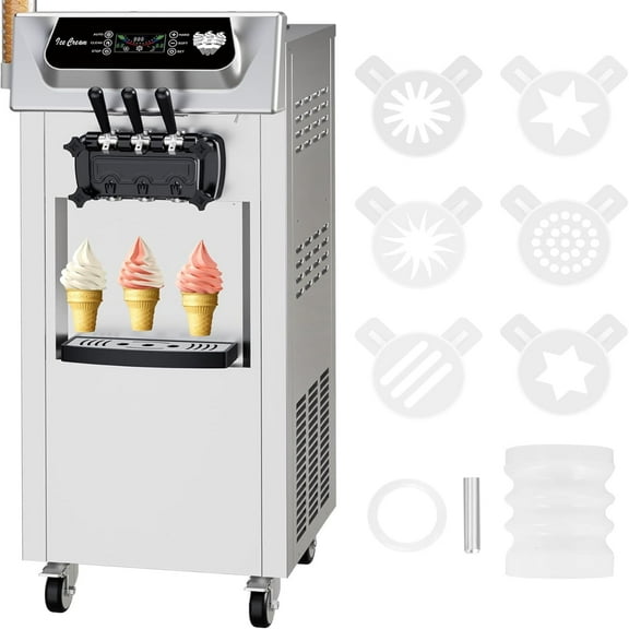 Commercial Ice Cream Maker, 3 Flavors, 20-28L/H Yield, LCD Panel, Auto Clean, 2200W Countertop Soft Serve Machine w/ 2x7L Hopper, Frozen Yogurt Maker for Restaurant Snack Bar