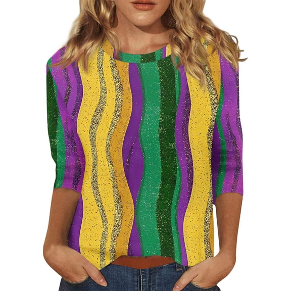 Mardi Gras Shirts Womens Glitter 3/4 Sleeve Holiday Blouse Crew Neck Carnival Purple Tunic Tops Yellow XL