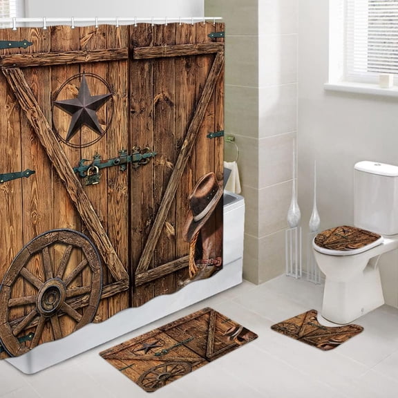 Rustic Farmhouse Country Barn Door Shower Curtain set  for Bathroom,Wood Board Plank Country Vintage Green Leaves Garage Cabin Decor Curtain Sets with Non-Slip Rugs, Toilet Lid Cover and Bath Mat