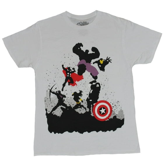 The Avengers (Marvel Comics) Mens T-Shirt - Silhouette Attacking Action Heroes (X-Small)
