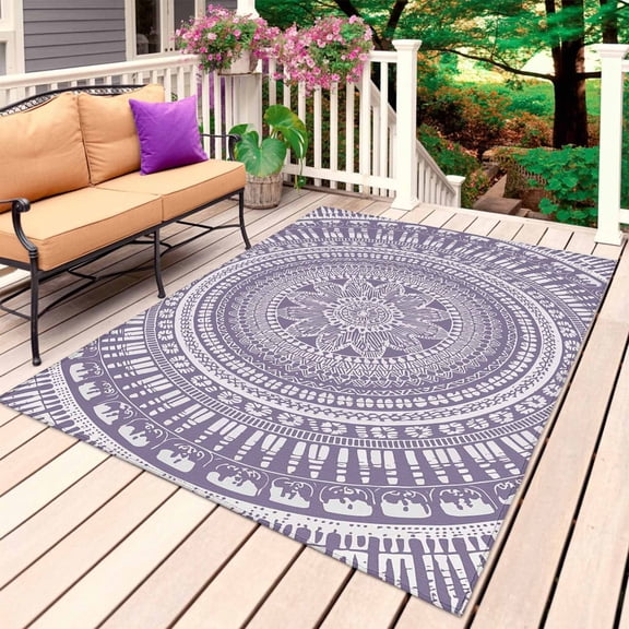 Purple Boho Outdoor Rug 6x9 Ft, Non Slip Washable Area Rug, Mantoro Flower Modern Abstract Bohemian Floral Patio Rugs Carpet Runner, Large Floor Mat for Indoor/Outdoor Deck Porch Camping