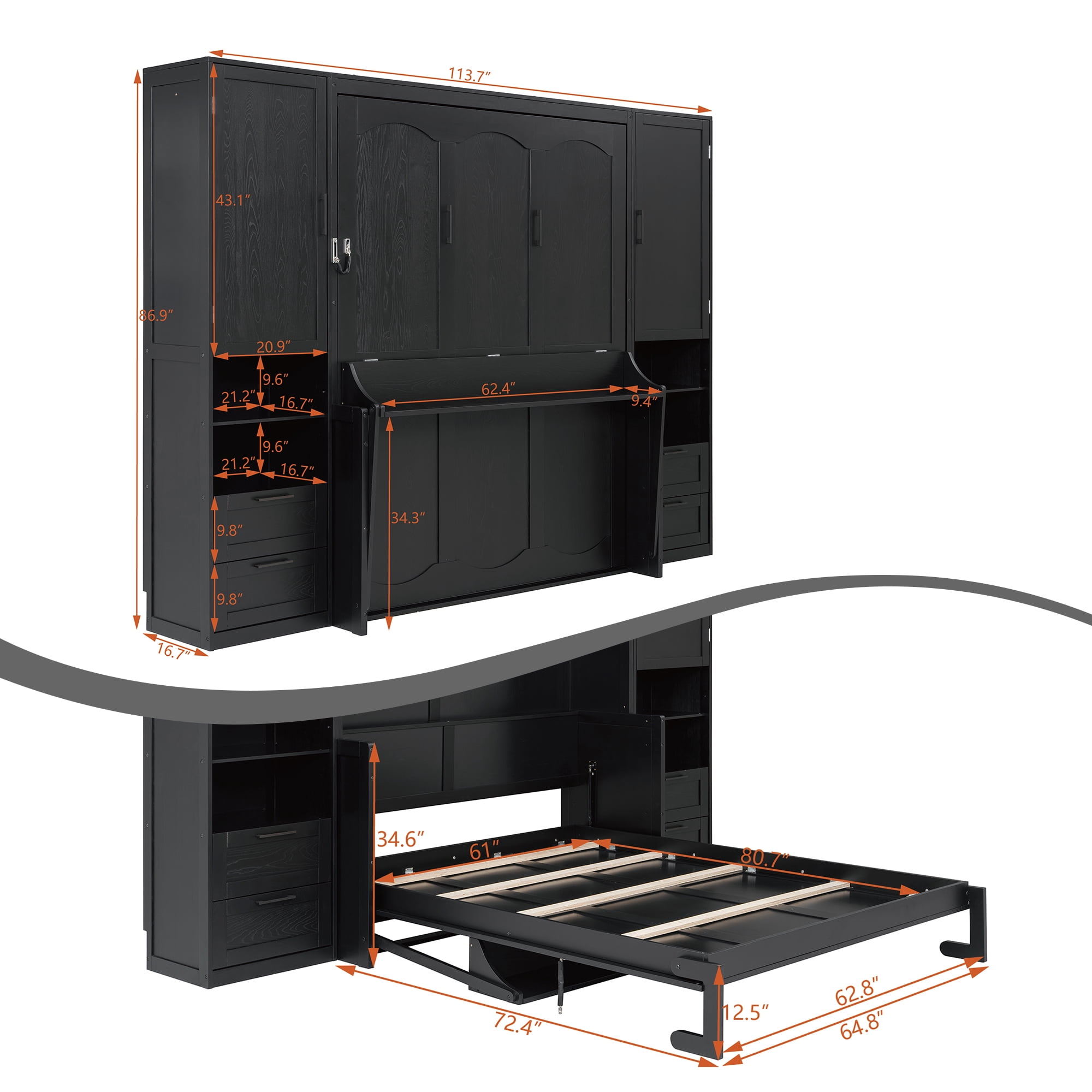 Aukfa Queen Size Murphy Bed with Closet, Desk, Drawers & Shelves, Space-Saving Wall Bed Cabinet for Small Spaces, Studio, Home Office & Guest Room, Black