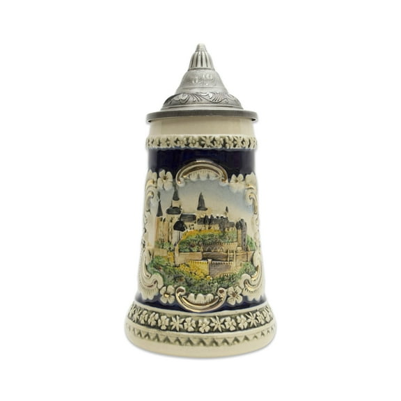 Oktoberfest Haus Multicolor Ceramic Scenic Bavarian Castle Engraved Beer Stein with Metal Lid 0.6 Ltr