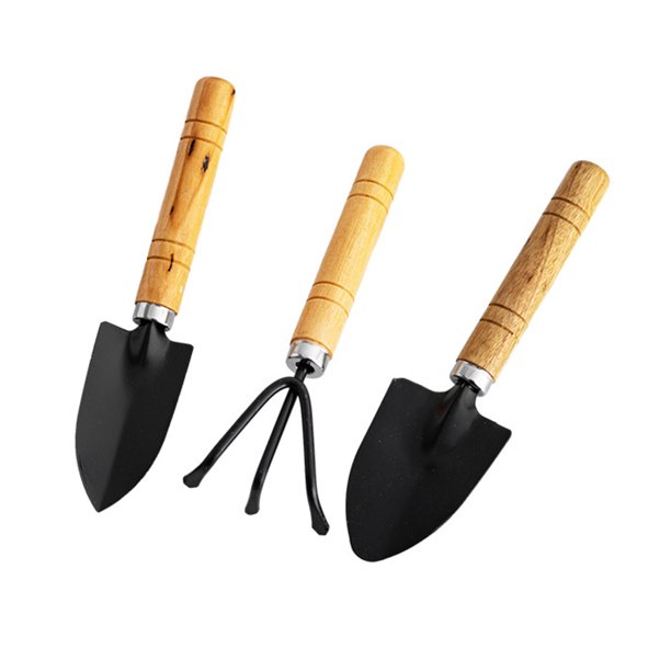 Juego de 3 piezas de herramientas pequeñas de jardinería con mango de madera: pala, rastrillo, paleta y herramientas de jardinería de metal para suculentas, macetas y plantas en balcones.