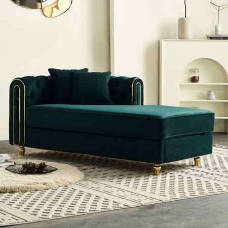 Velvet Chaise 66.9 w Modern For Home. Back With 2 Pillows. Soft Upholstery Comfortable Seat Cushions. Solid Wood Frame Stable Metal Legs. Classic Style Gold Trim Luxury Chaise Lounge In . Living