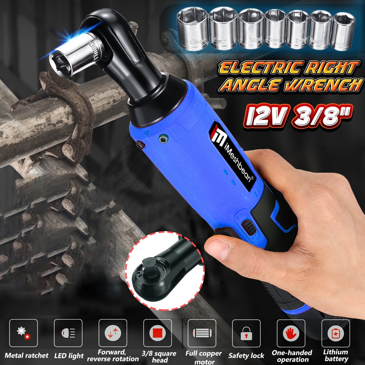 iMeshbean 3/8'' Electric Cordless Ratchet Right Angle Wrench Impact Power Tool 2 Battery