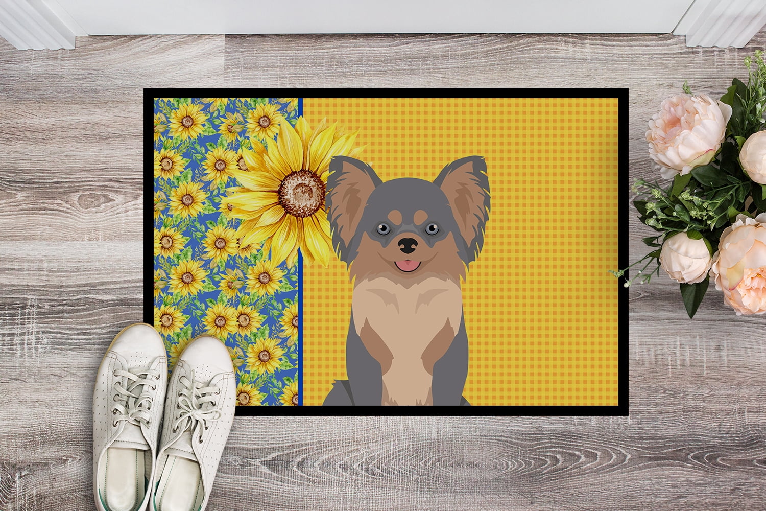 Summer Sunflowers Longhaired Blue and Tan Chihuahua Indoor or Outdoor Mat 24x36