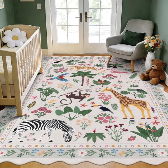 MJIAexp Jungle Animal Print 8x10 Area Rugs for Living Room, Beige Soft Washable Rugs for Bedroom Ultra-Thin Non-Slip Modern Rug, Stain Resistant Rug Carpet for Dining Room