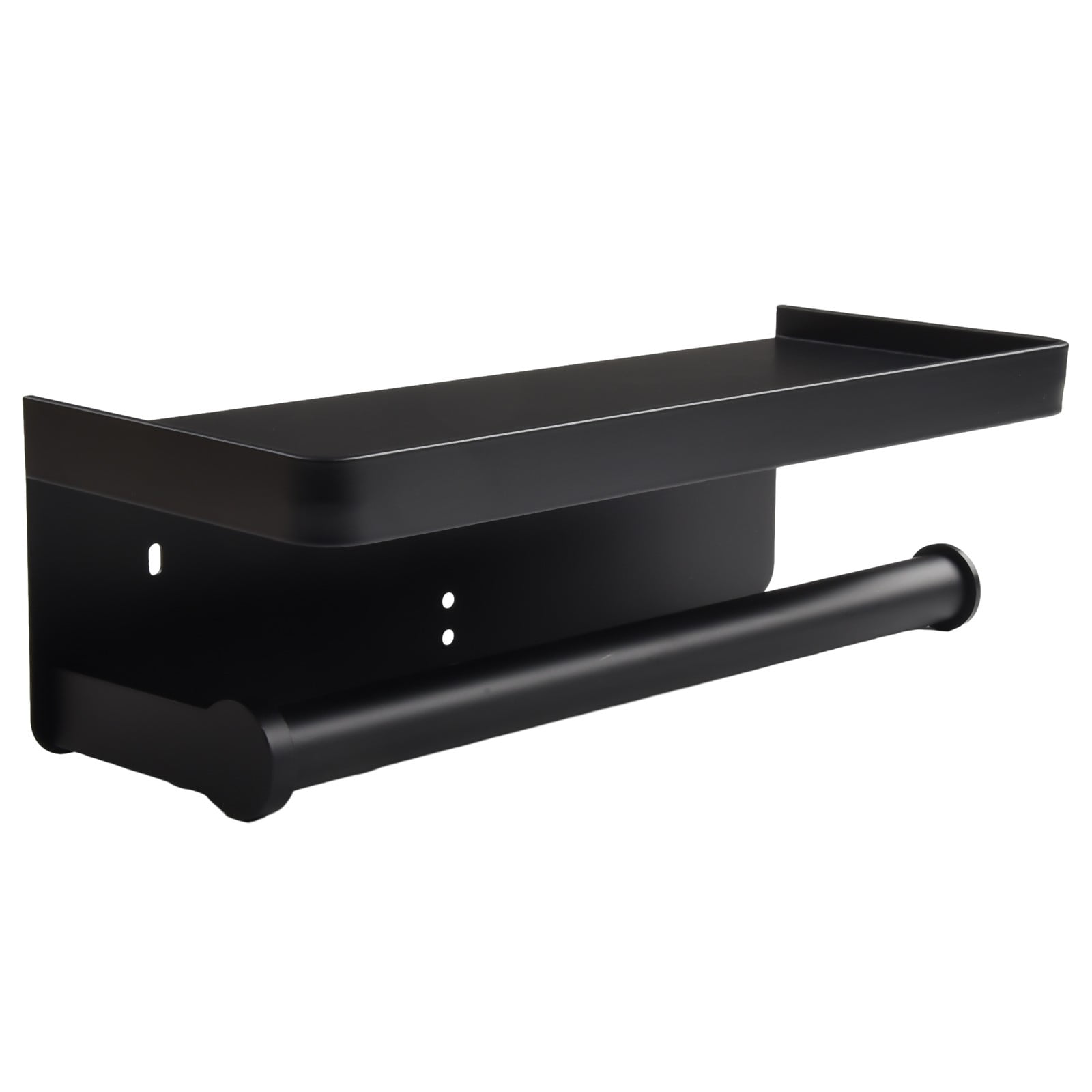 Paper Towel Holder Wall Mounted for Kitchen 11", Bathroom Tissue Roll Hanger with Storage Shelf, Adhesive Hand Towel Holder, Matte Black