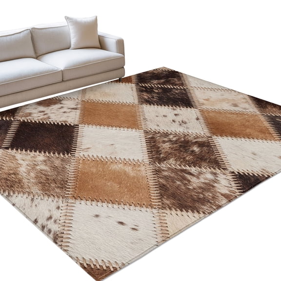 Worn Hide Area Rugs 2.7x5ft Rustic Vintage Abstract Bronze Brown Tan Diamond Plaid Washable Rug, Non Slip Indoor Carpet Absorbent Floor Mat for Living Room Bedroom Dining Room